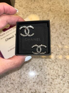 CHANEL Silver CC Crystal Logo Earrings
